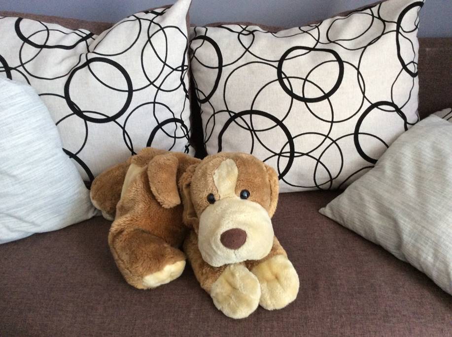 Two stuffed animals on a bed

Description automatically generated